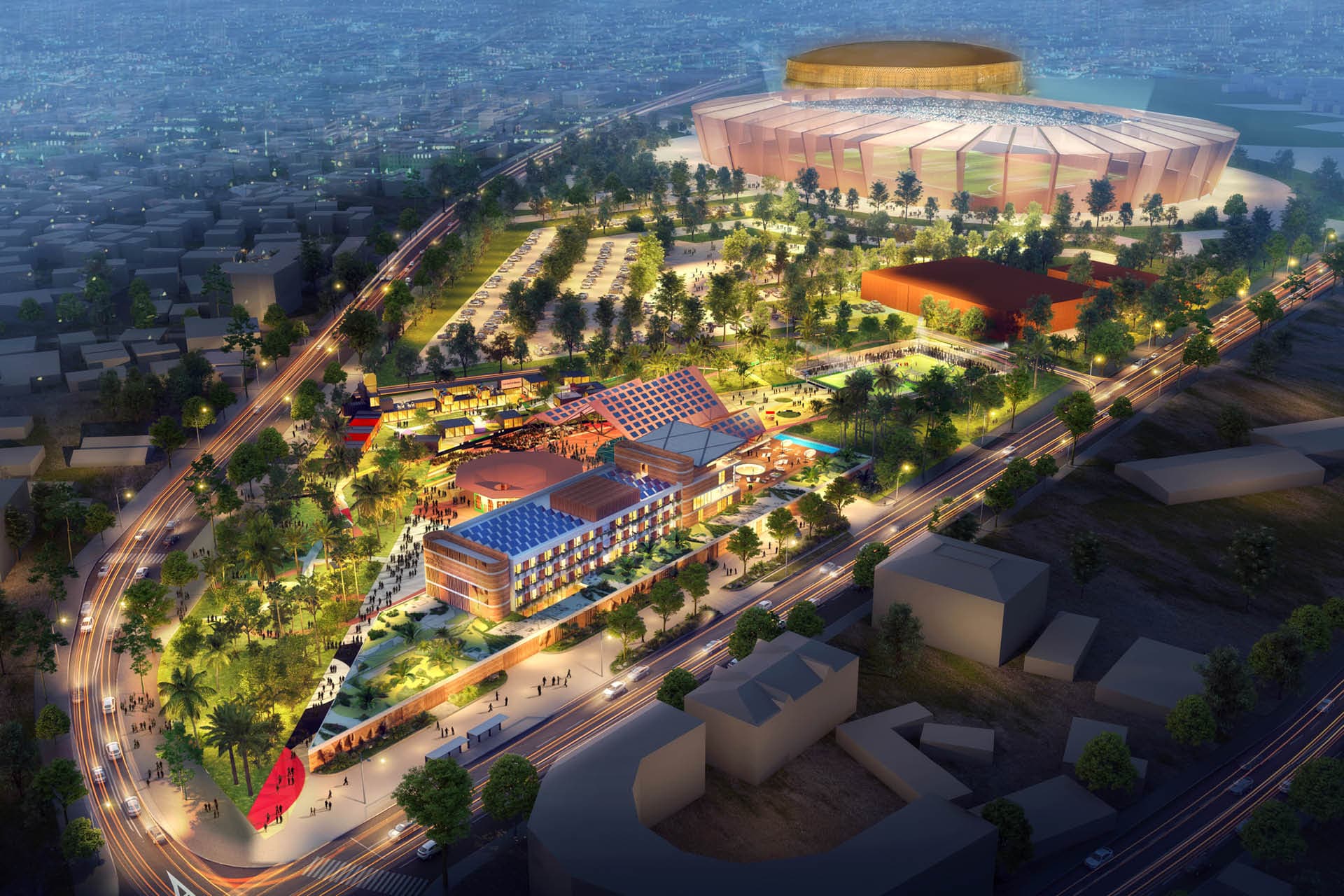 Aerial view of a large stadium